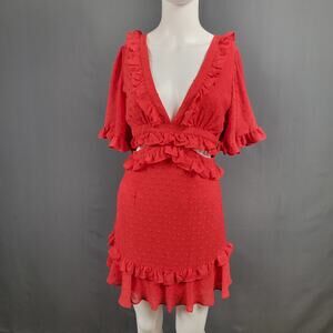 Selfie Leslie Red Mini Dress XS Swiss Dot Ruffle Cutout Partywear